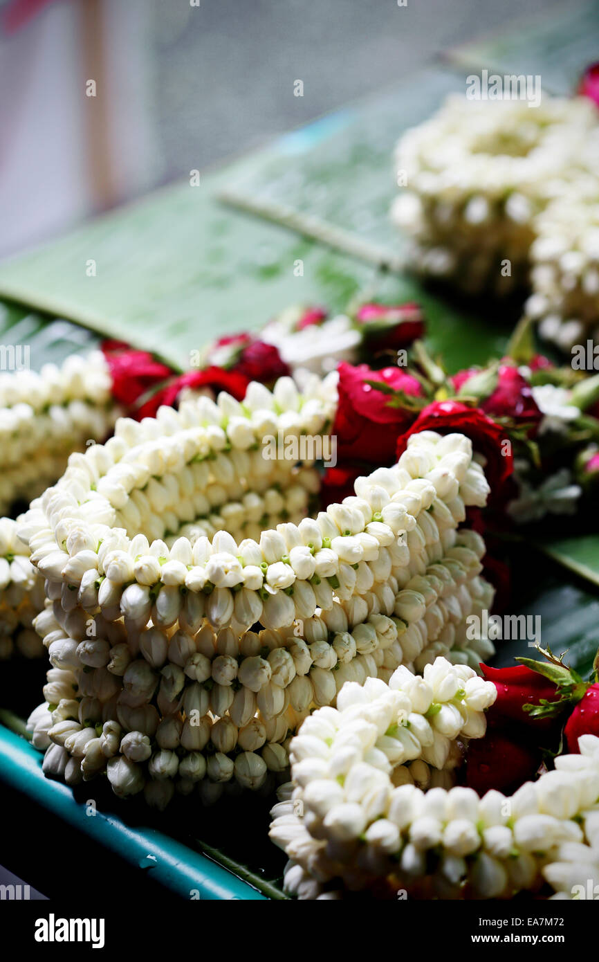 the garland have jasmine and rose at street market, thailand Stock Photo