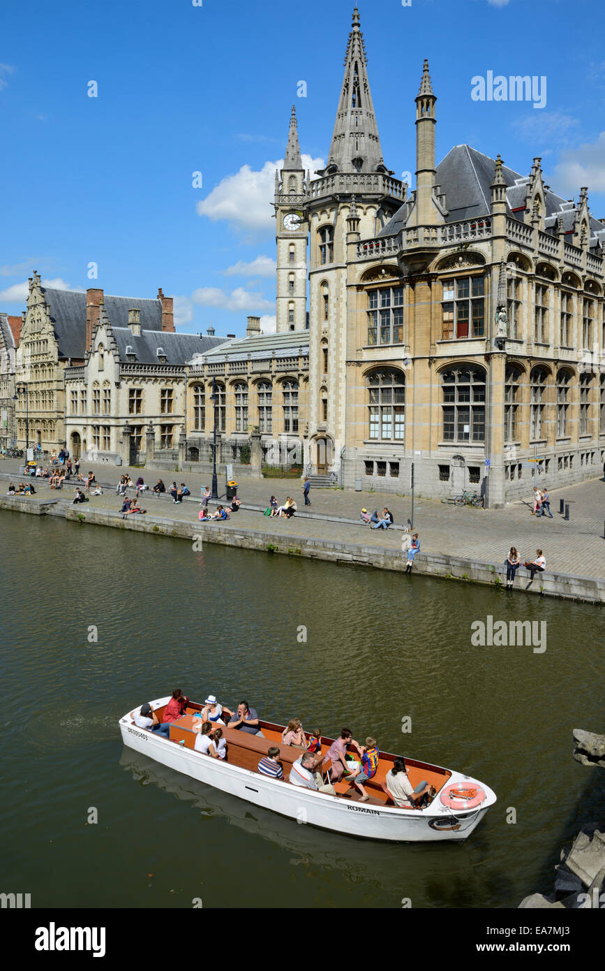 Pleasure boats on the river Leie, alongside the Old Post Office