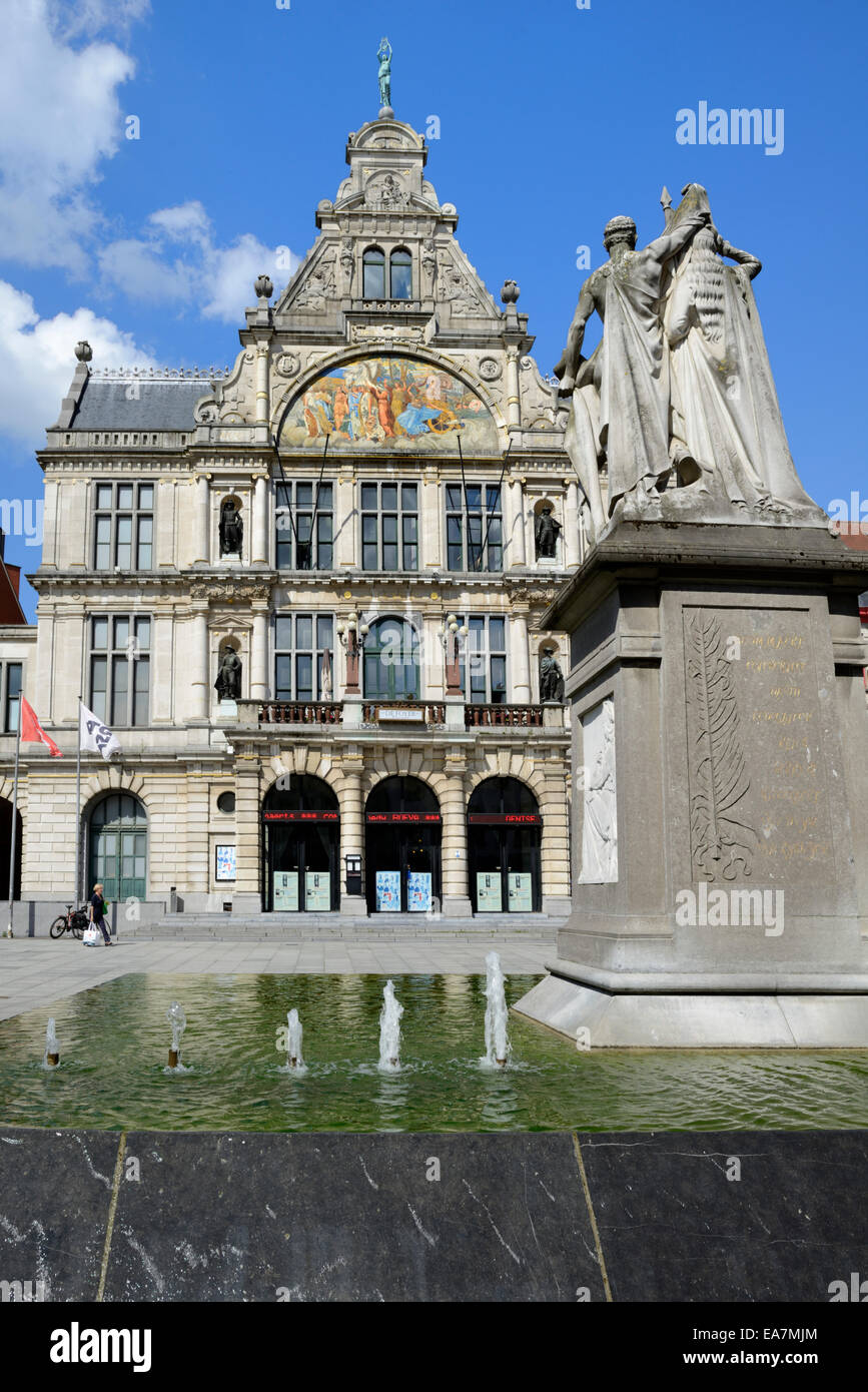 Monument to Jan Frans Willems and Nederlandse Schouwburg theatre, Sint Baafsplein, Ghent, Flanders, Belgium, Europe Stock Photo