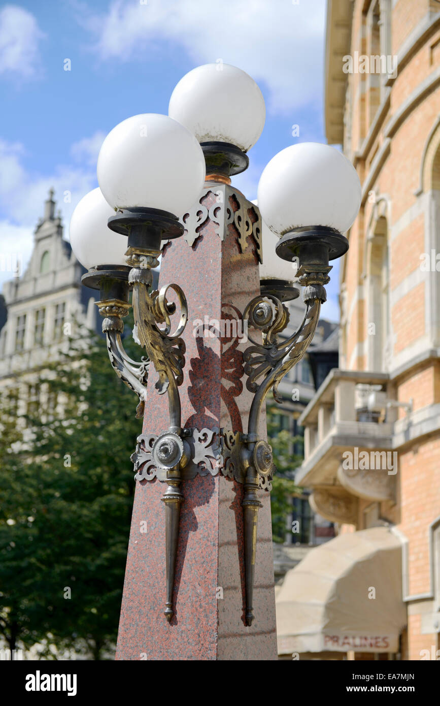 Art-deco lamps outside a cafe, Sint-Baafsplein, Ghent, Flanders, Belgium, Europe Stock Photo