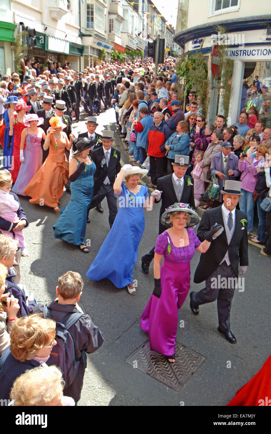 Looking down onto The Principal Dance of The Day in Meneage Street about to pass the Guildhall on Flora Day in Helston Kerrier W Stock Photo