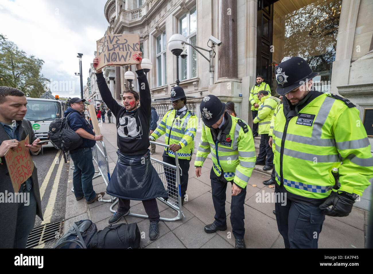 London, UK. 7th Nov, 2014.  Protest against Taiji Dolphin slaughter outside Japanese Embassy Credit:  Guy Corbishley/Alamy Live News Stock Photo