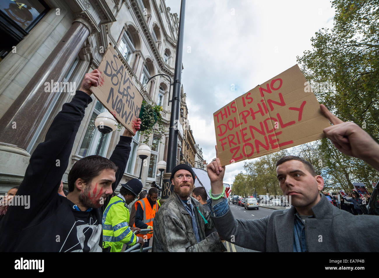 London, UK. 7th Nov, 2014.  Protest against Taiji Dolphin slaughter outside Japanese Embassy Credit:  Guy Corbishley/Alamy Live News Stock Photo