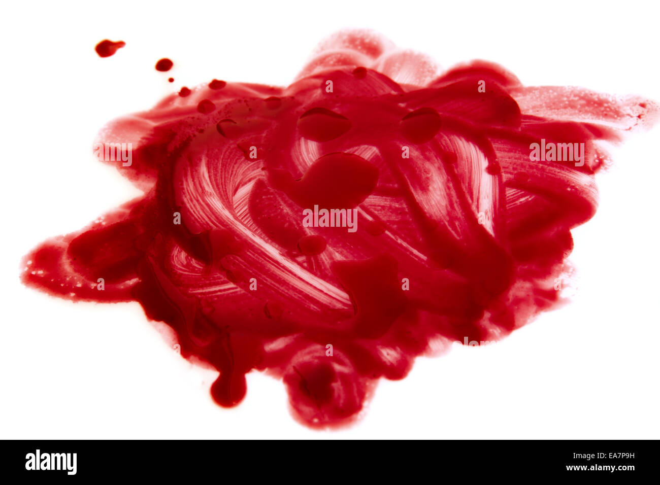 Blood stains (puddle, smear) isolated on white background close up, horizontal Stock Photo