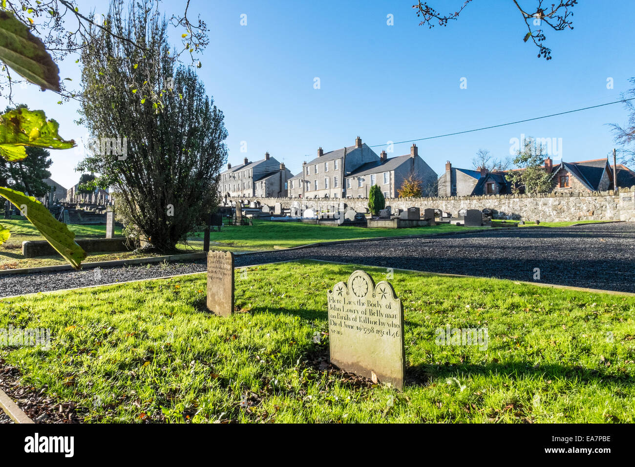 Grave stones associated with the Battle of Saintfield 1798 can be found at the rear of Saintfield First Presbyterian Church. Stock Photo