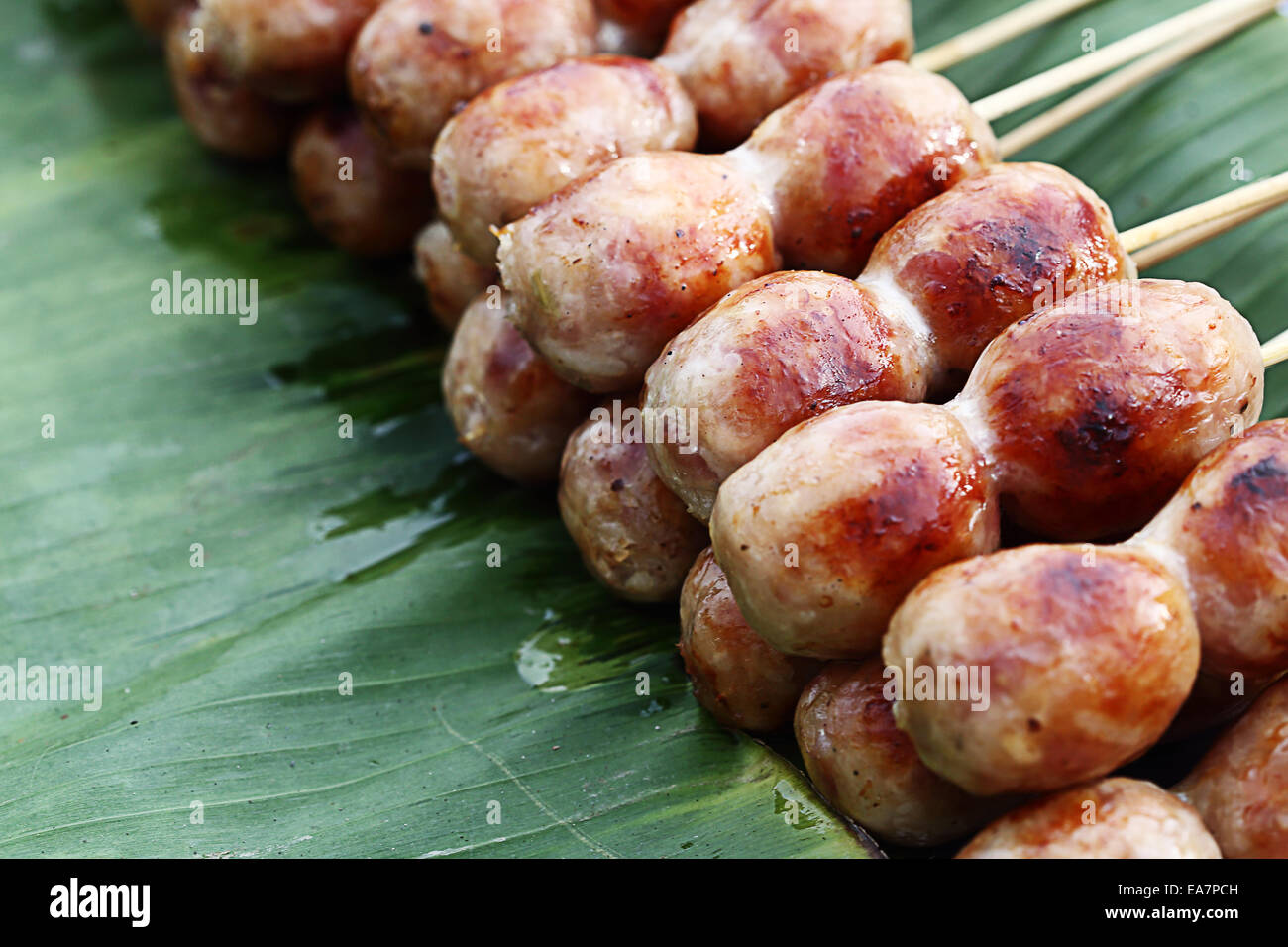 thai sausage on street food market, thailand Stock Photo