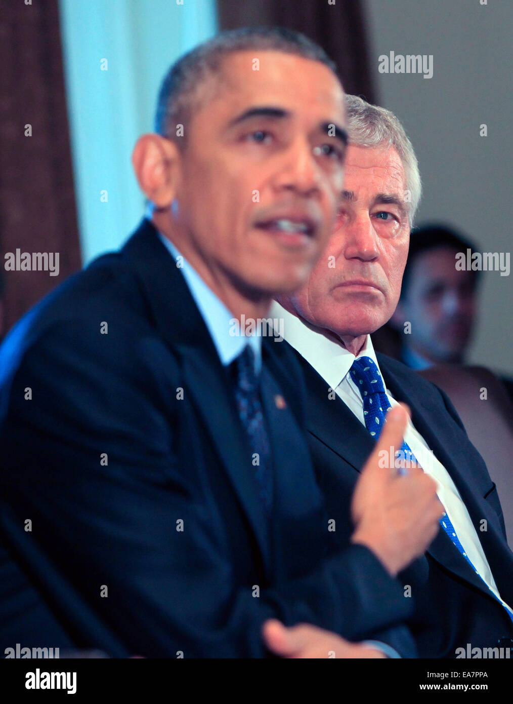 Washington, DC, US. 7th Nov, 2014. United States President Barack Obama meets with his Cabinet in the Cabinet Room of the White House in Washington, DC on Friday, November 7, 2014. Secretary of Defense Chuck Hagel is at right. Credit: Dennis Brack/Pool via CNP - NO WIRE SERVICE - Credit: dpa picture alliance/Alamy Live News Stock Photo