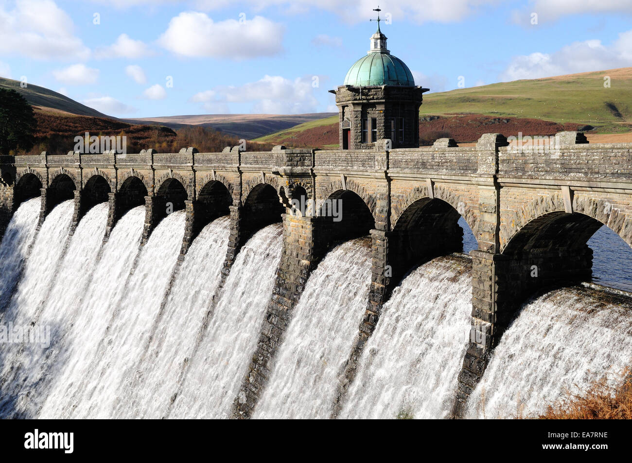 Craig Goch Dam overflowing Elan Valley Rhayader Powys Wales cymru UK GB Stock Photo