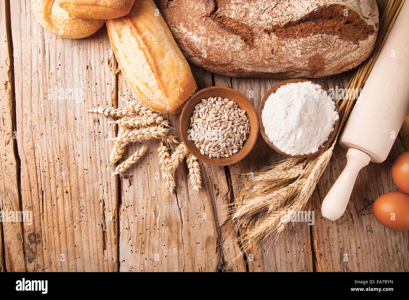 Various traditional ingredients for preparation of cooking of bread Stock Photo