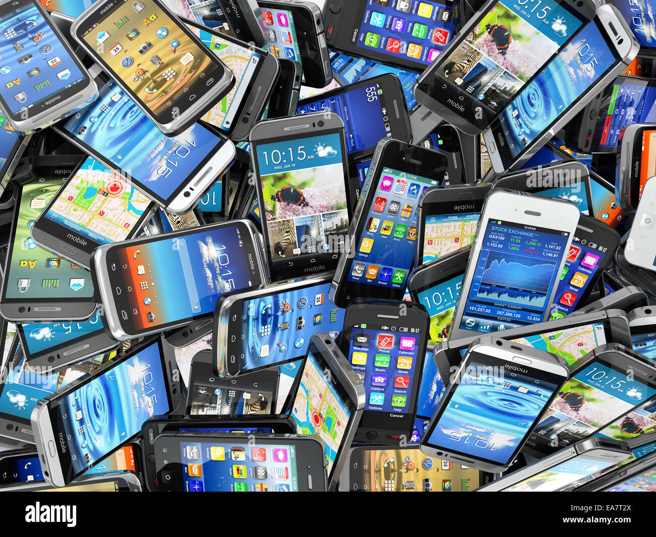 Mobile phones background. Pile of different modern smartphones. 3d Stock Photo