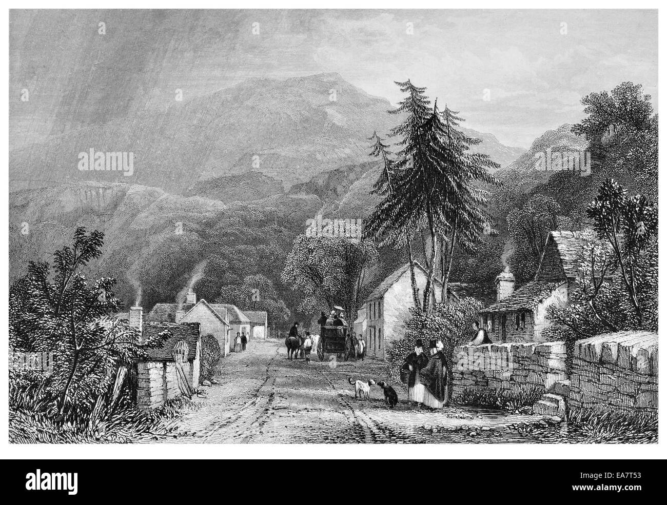Bettws y Coed Betws-y-Coed Conwy valley in Conwy County Borough, Wales circa 1830 Stock Photo
