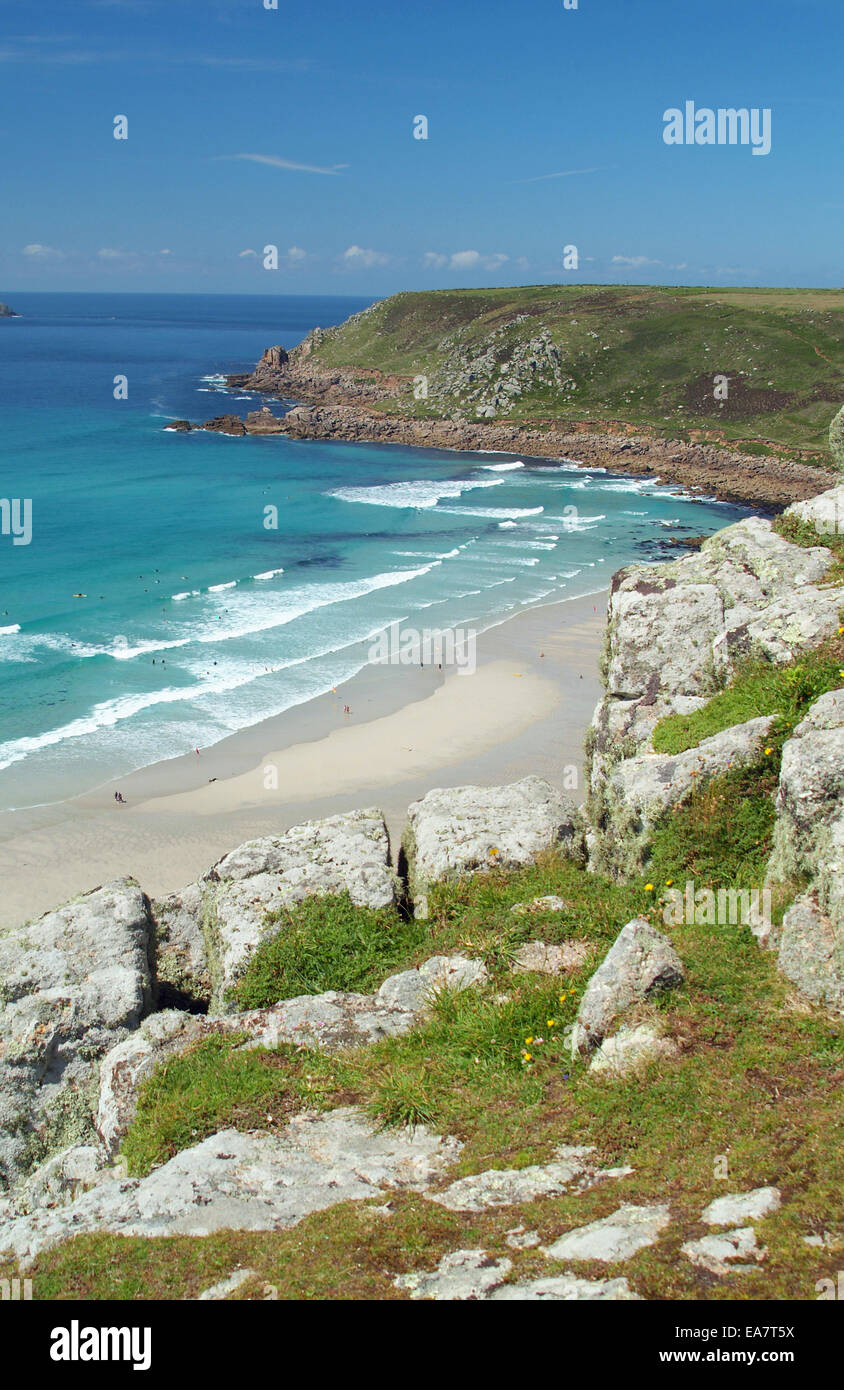 View from Escalls Cliff top down to Gwynver Beach Whitesand Bay between Sennen Cove & Cape Cornwall Penwith West Cornwall South Stock Photo