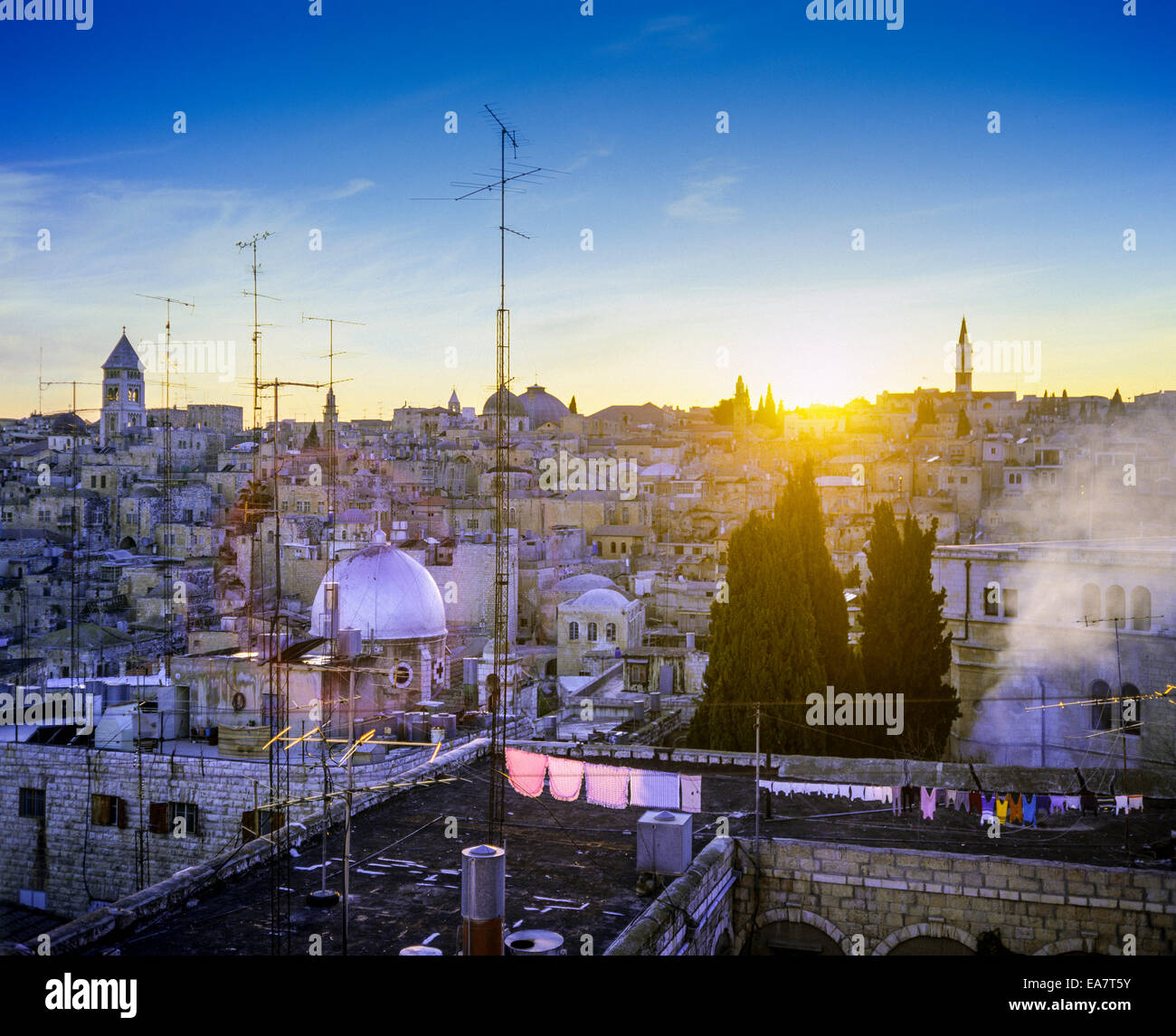 Roofs of Christian quarter in old town at sunset Jerusalem Israel Stock Photo