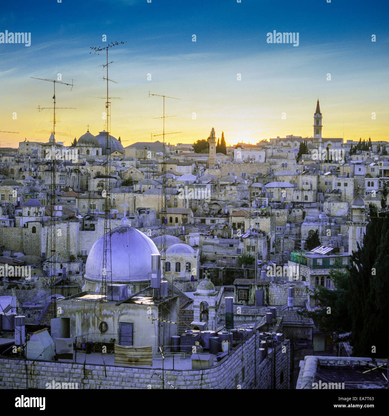 Roofs of Christian quarter in old town at sunset Jerusalem Israel Stock Photo