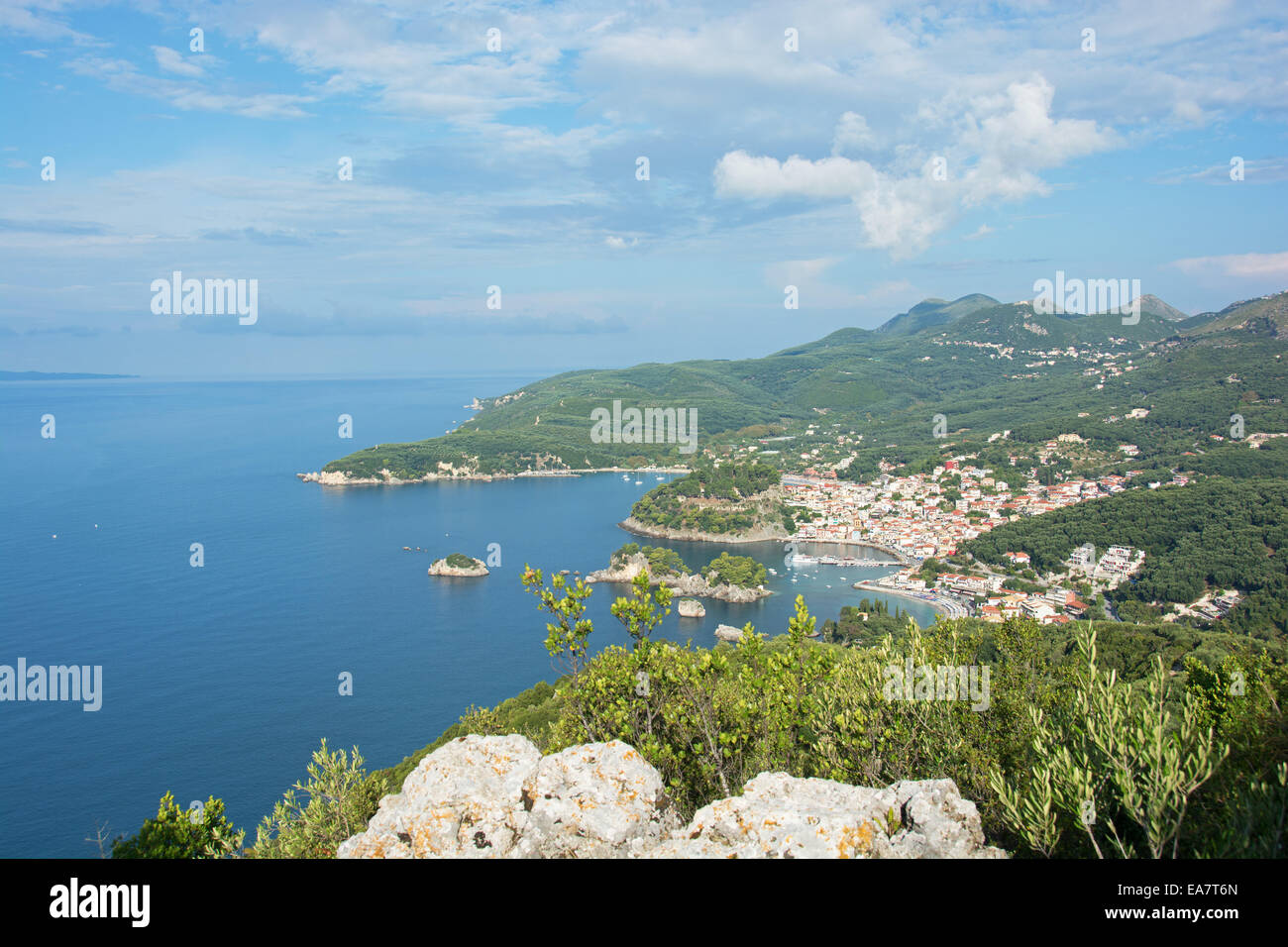 EPIRUS, GREECE. An elevated view of Parga and the Ionian coast. 2014. Stock Photo