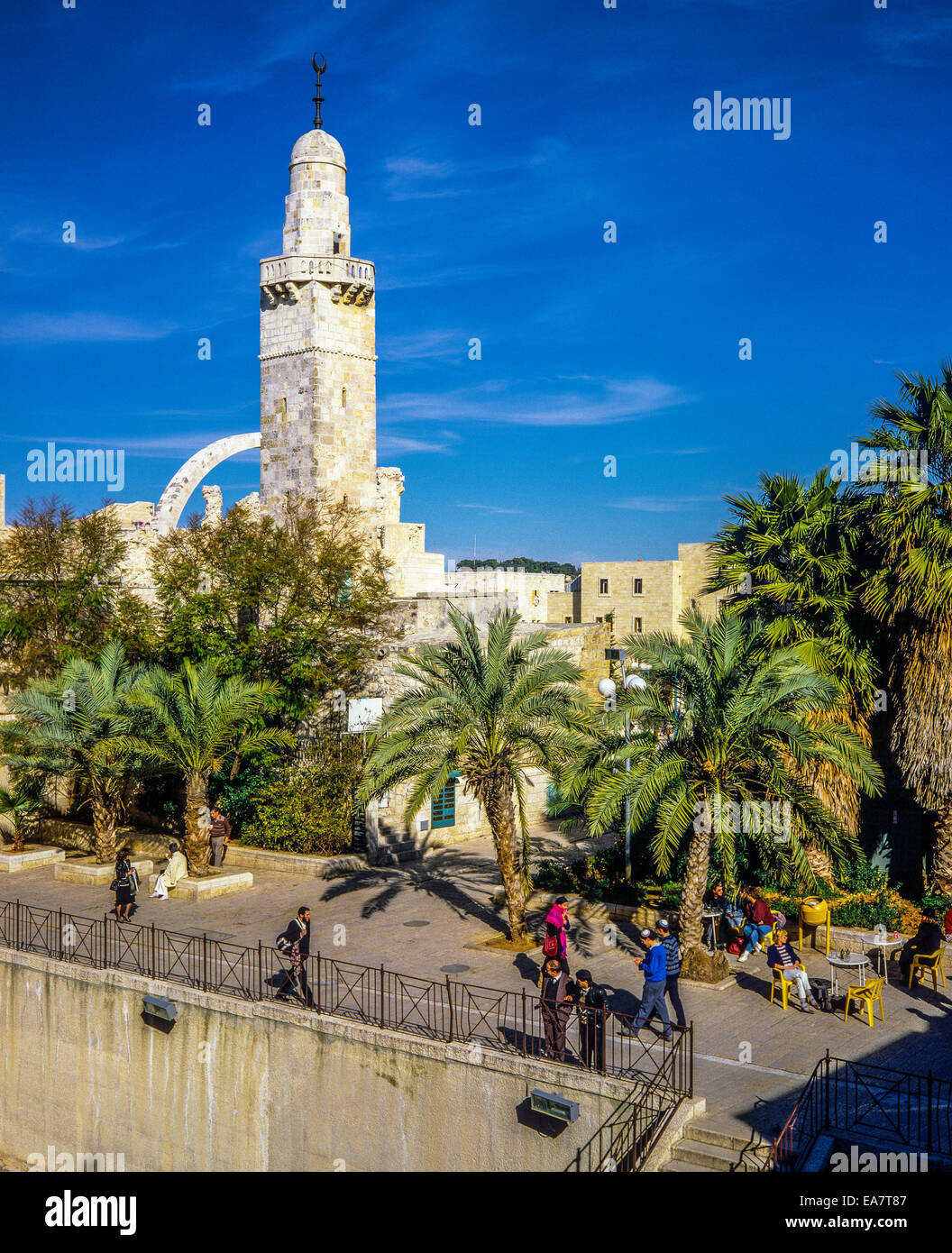 Hurva Square Minaret of vanished Sidna Omar mosque at Hurva square Jerusalem Israel ...