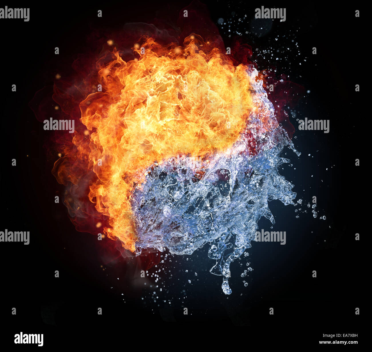 Yin Yang symbol made of water and fire, isolated on black background