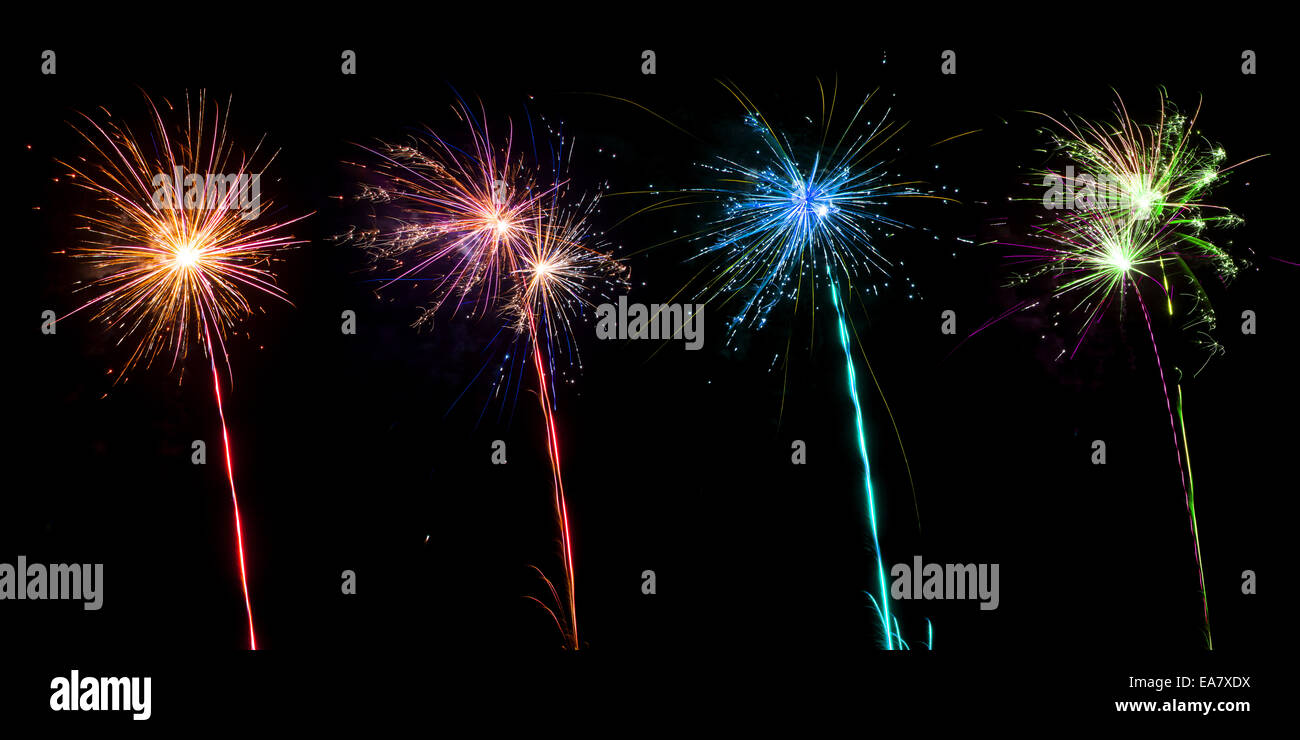 Isolated shots of fireworks blasts on black background Stock Photo