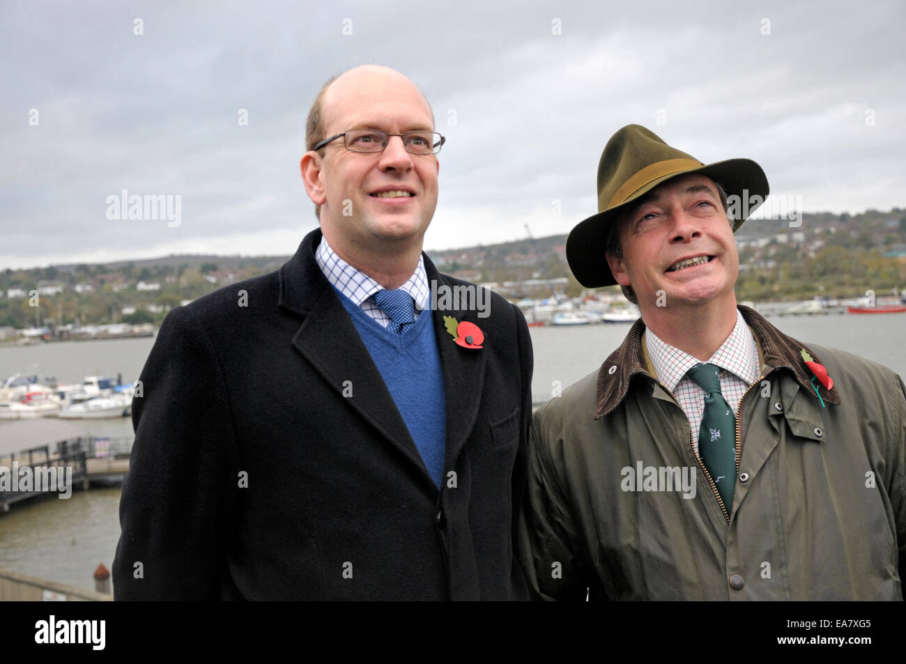 Rochester, UK. 8th Nov, 2014. Nigel Farage returns to Rochester for the seventh time to support Mark Reckless before the by-election on 20th November. Stock Photo