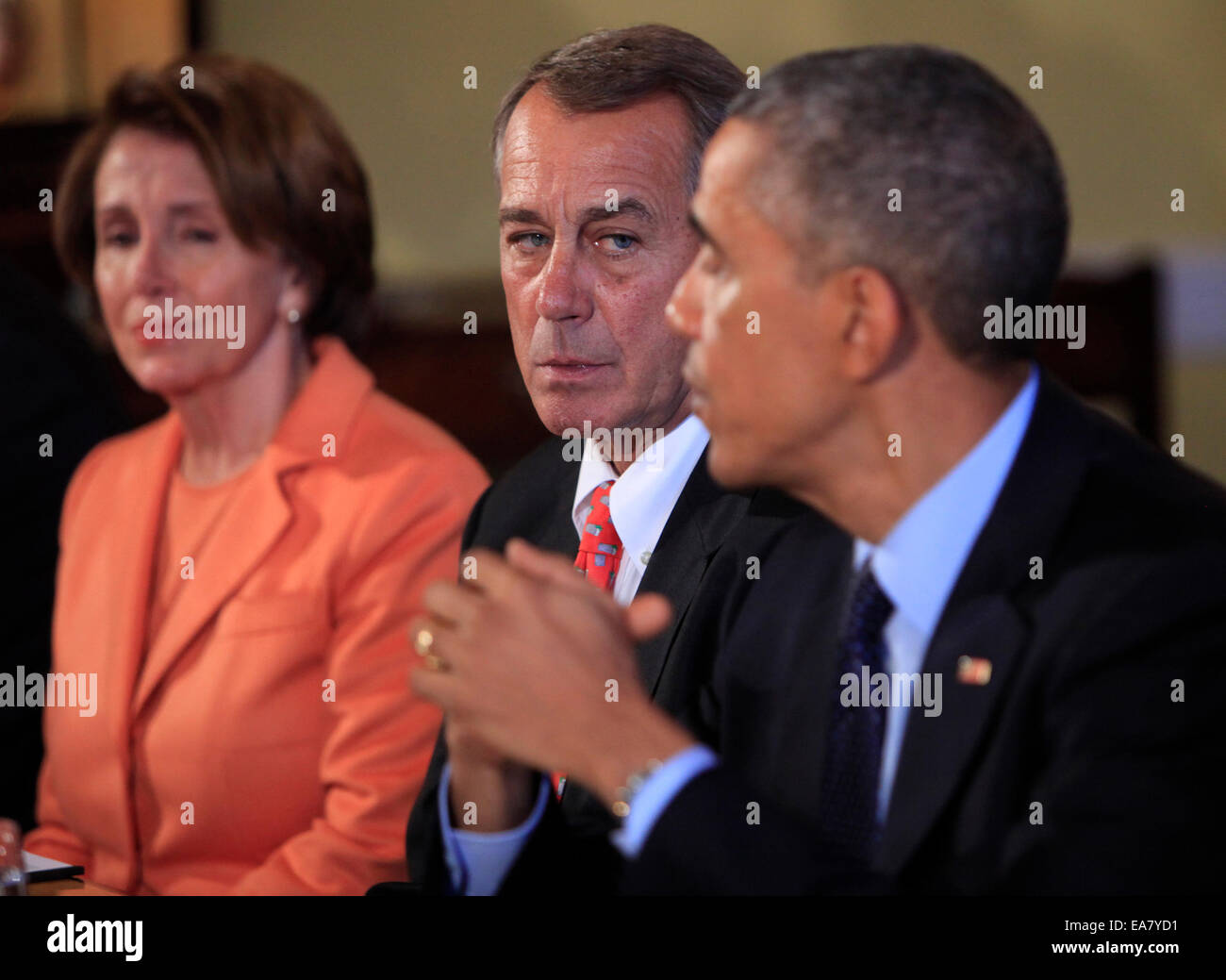 Washington, DC, US. 7th Nov, 2014. United States President Barack Obama meets with bipartisian congressional leadership in the Old Family Dining Room of the White House in Washington, DC on Friday, November 7, 2014. From left to right: U.S. House Minority Leader Nancy Pelosi (Democrat of California), Speaker of the U.S. House John Boehner (Republican of Ohio), and President Obama. Credit: dpa picture alliance/Alamy Live News Stock Photo