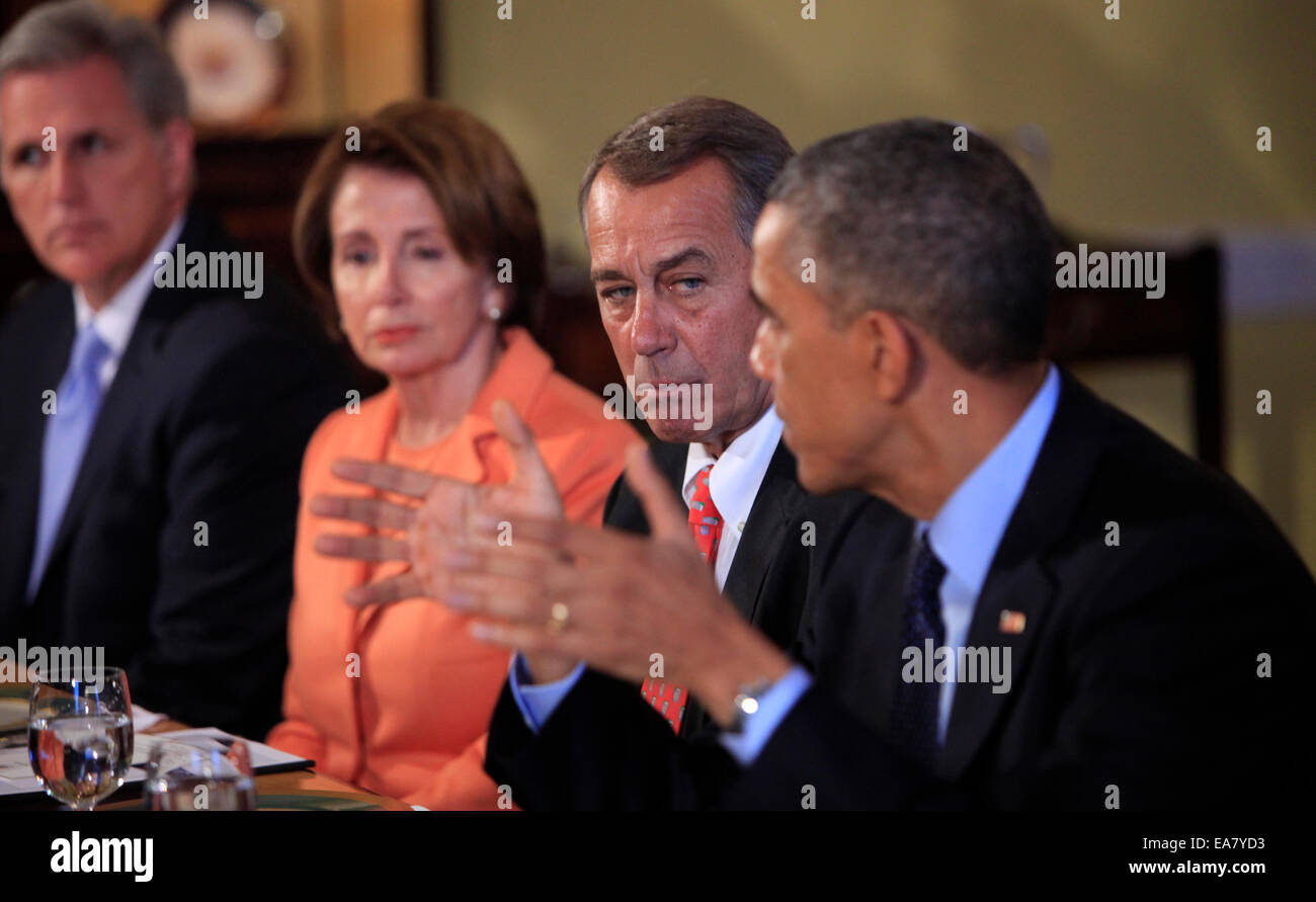 Washington, DC, US. 7th Nov, 2014. United States President Barack Obama meets with bipartisian congressional leadership in the Old Family Dining Room of the White House in Washington, DC on Friday, November 7, 2014. From left to right: Majority Leader Kevin McCarthy (Republican of California), U.S. House Minority Leader Nancy Pelosi (Democrat of California), Speaker of the U.S. House John Boehner (Republican of Ohio), and President Obama. Credit:  dpa picture alliance/Alamy Live News Stock Photo