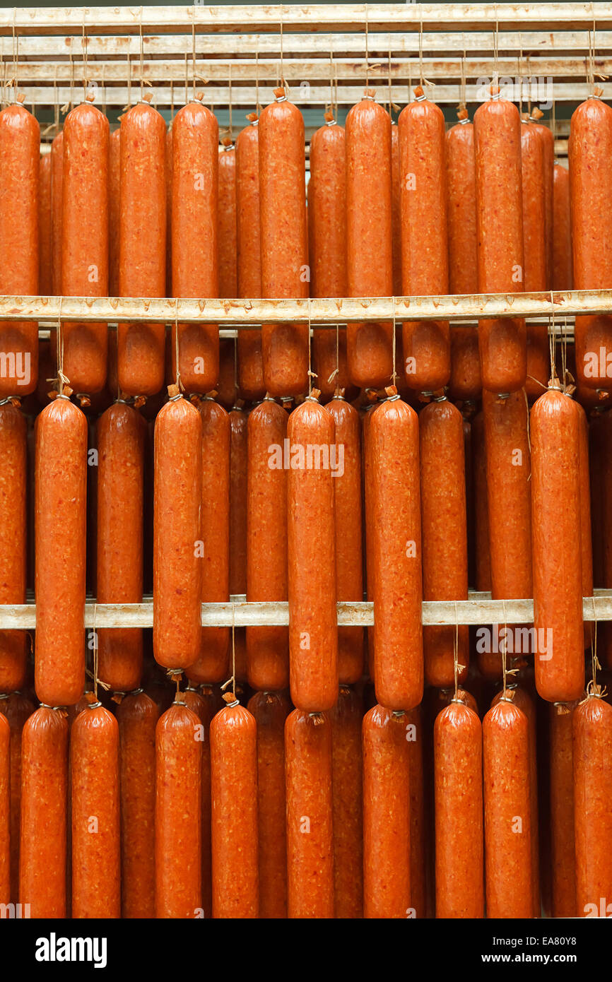 Lots of hanging salami sticks on stock Stock Photo Alamy