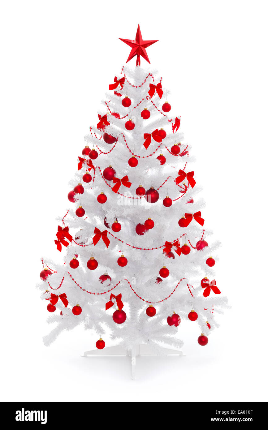White Christmas tree with red decoration, isolated on white Stock Photo ...