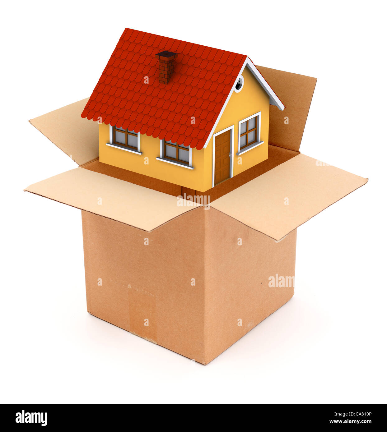Packing or unpacking a small house in cardboard box. Conceptual view of delivering or buying a new house Stock Photo