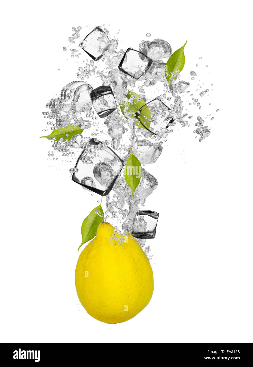 Falling piece of lemon in water splash and ice cubes, isolated on white background Stock Photo