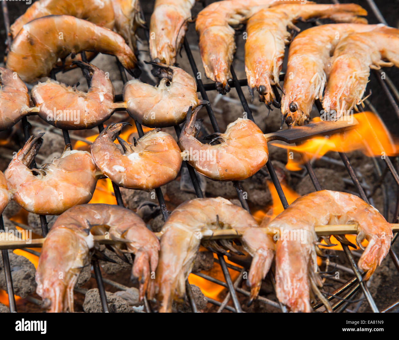 Delicious grilled prawns on burning coals Stock Photo