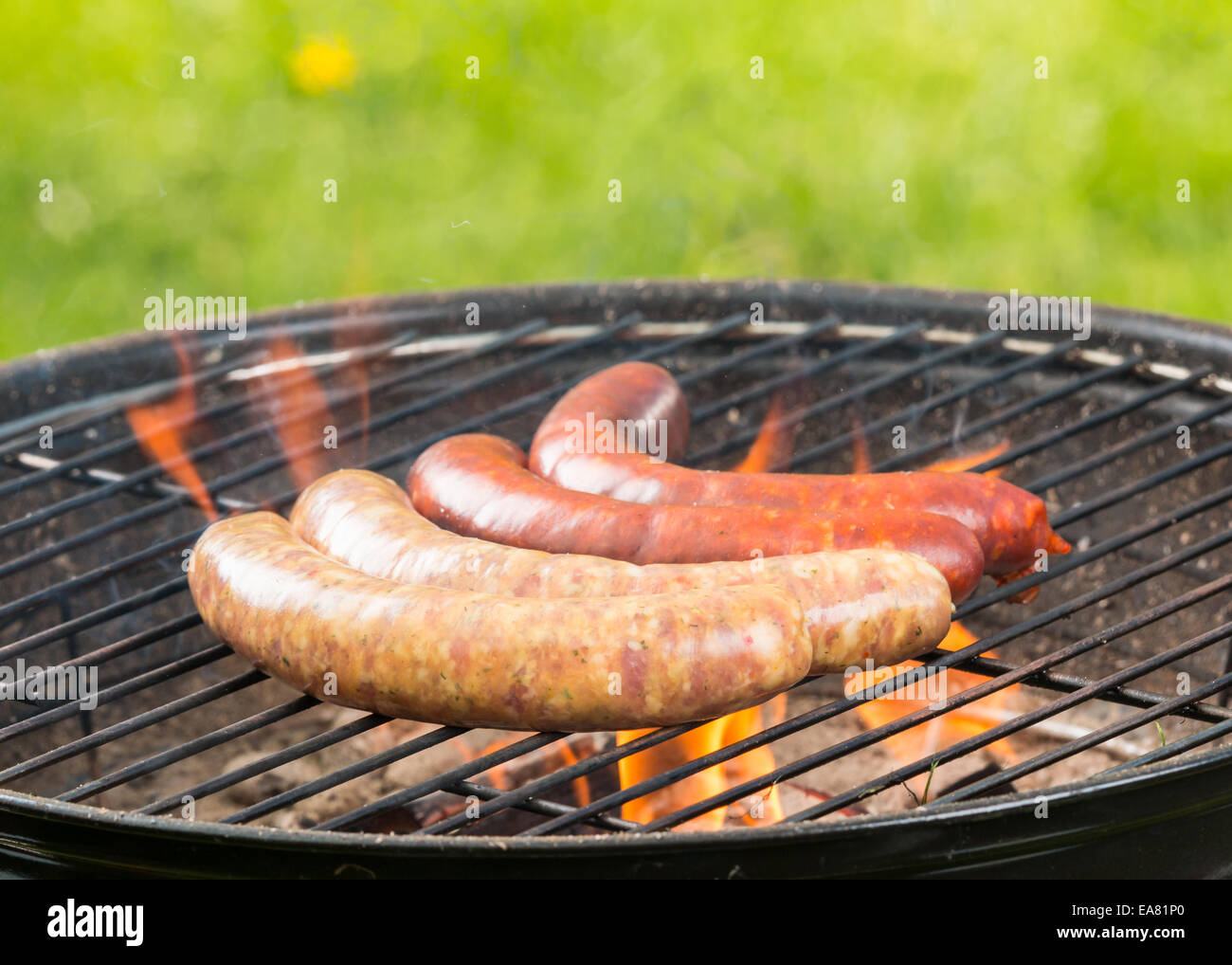 Delicious grilled sausages burning in fire Stock Photo