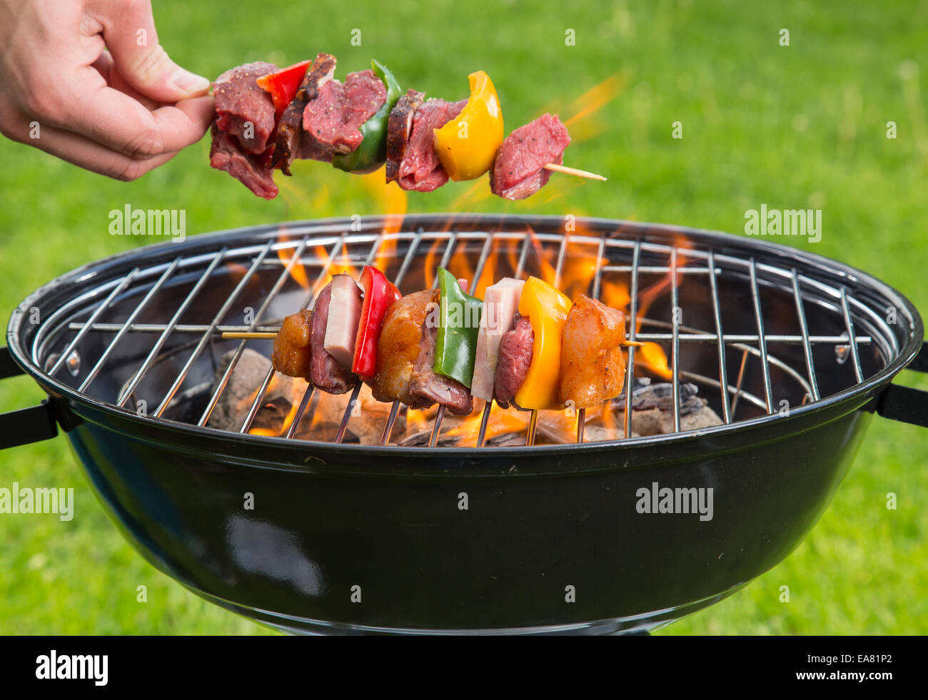 Meat and vegetable skewer on barbecue grill with fire Stock Photo