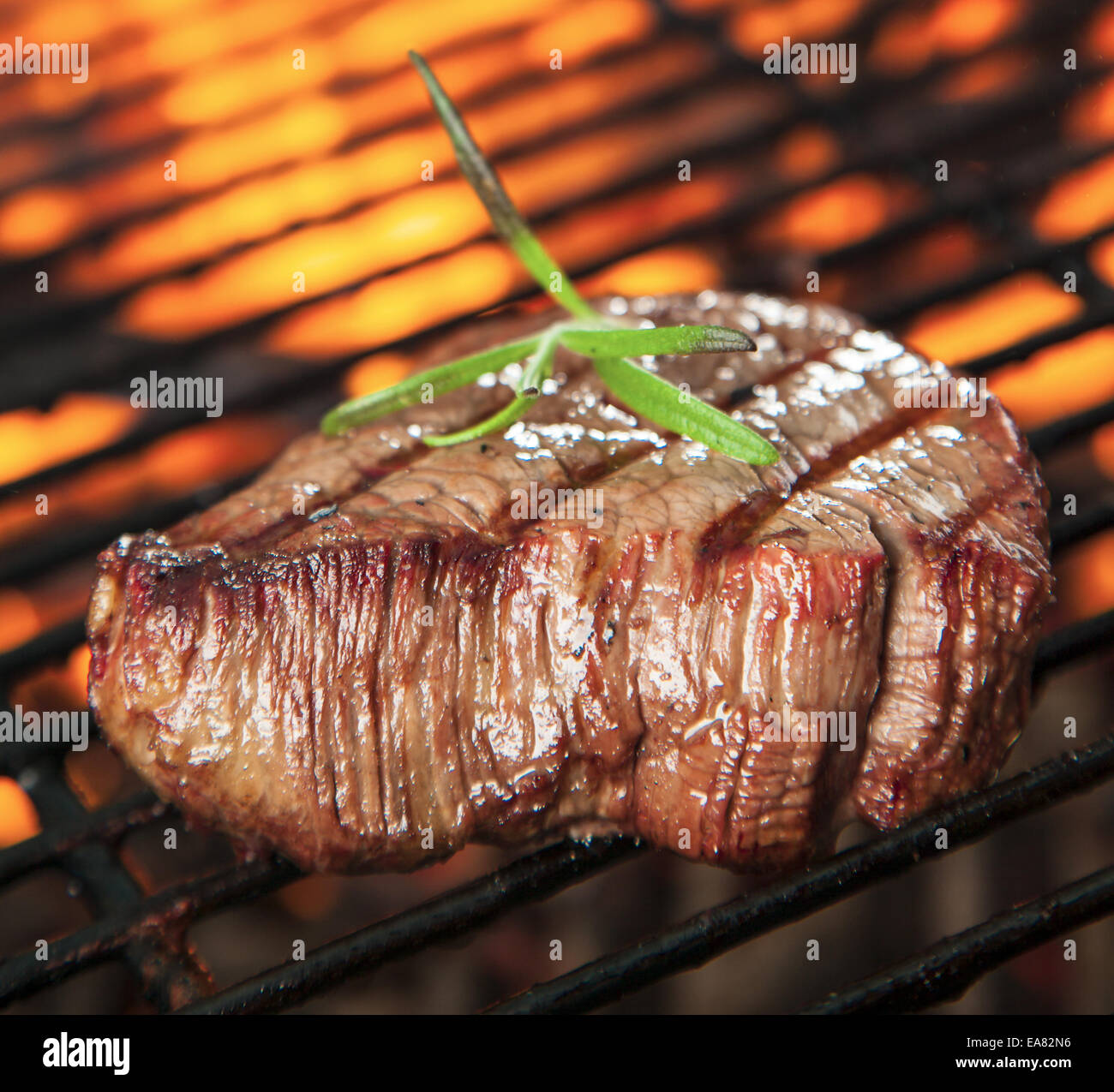 Delicious beef steak on grill Stock Photo