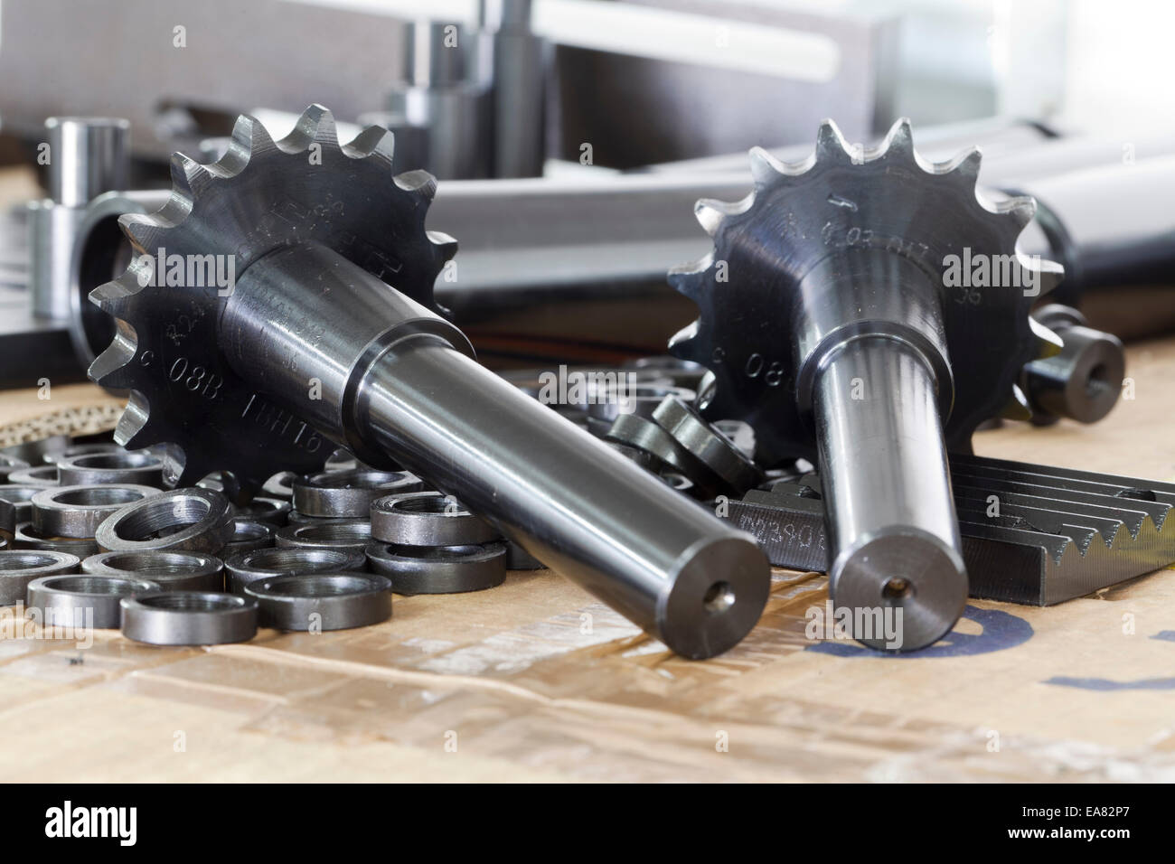 Machine engine components Engine Parts on table Stock Photo