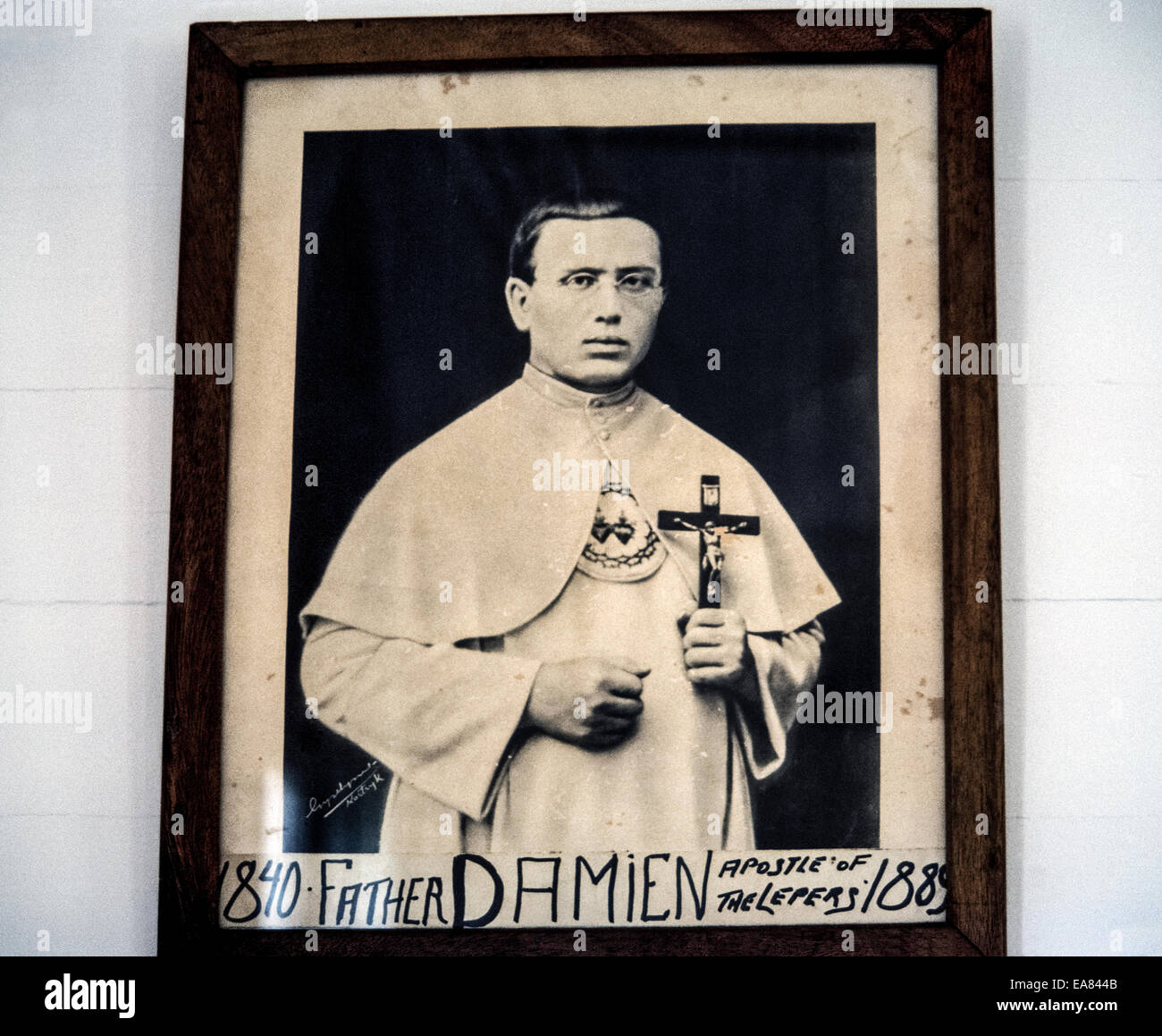 A framed 19th-century photographic portrait of Belgian missionary priest Joseph De Veuster, best known to the world as Father Damien, hangs in St. Joseph's Church that he built while serving the Hawaiian leper colony elsewhere on the island of Molokai, Hawaii, USA. More than 700 patients with leprosy (Hansen's disease) had been isolated there by the time Damien arrived in 1873. He later suffered the same infectious disease and died in the colony in 1889. Father Damien was canonized a saint in the Catholic Church In 2009. His St. Joseph's Church has since been renamed St. Damien's Church. Stock Photo