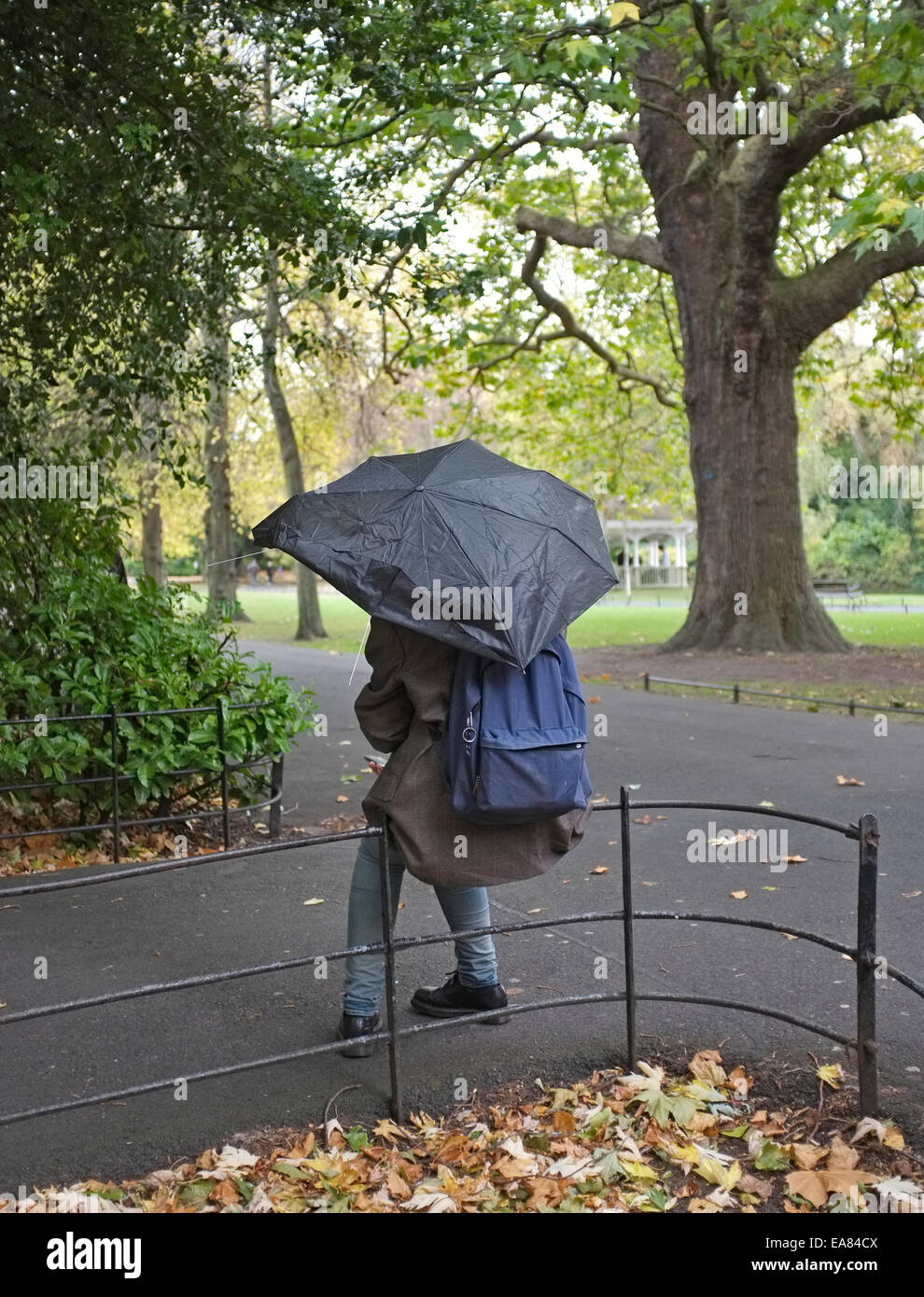 a girl sits on a rail with broken umbrella in st. stephens green