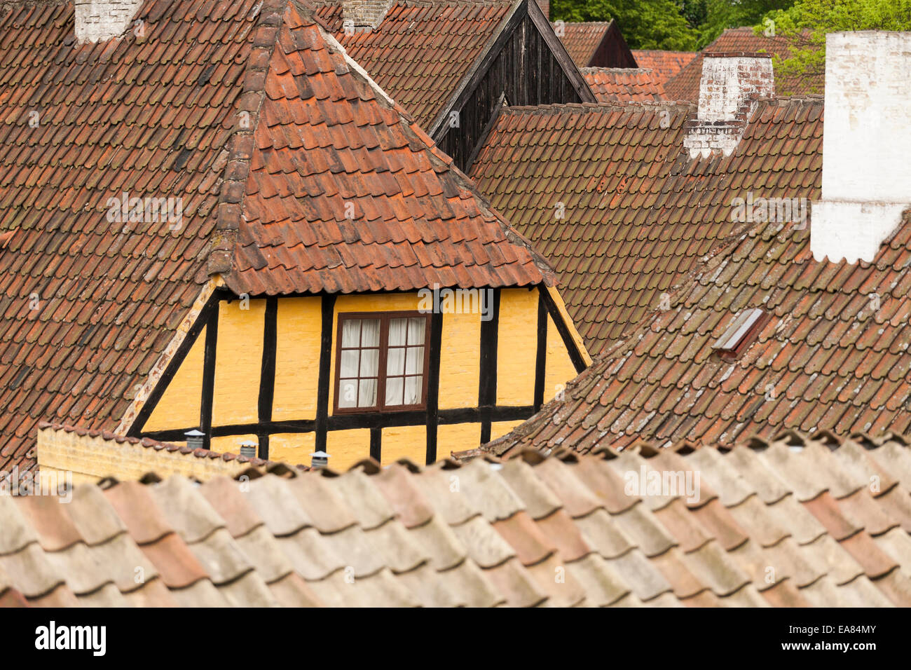 Tile Rooftops in Aarhus. The tile rooftops form an intersecting pattern in the old town of Aarhus in Denmark. Stock Photo