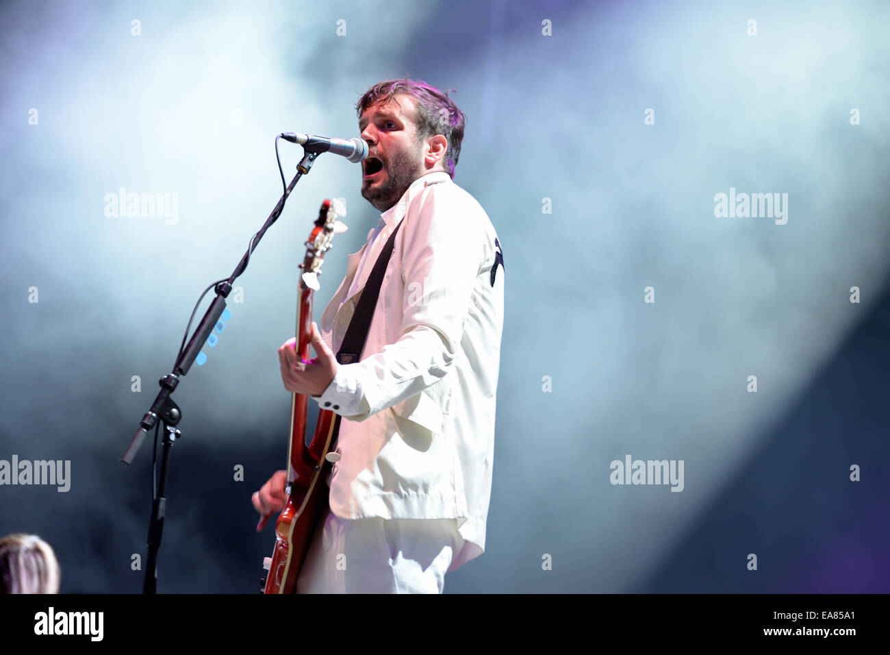 BENICASSIM, SPAIN - JULY 17: Klaxons (new rave indie rock band) concert at FIB Festival on July 17, 2014 in Benicassim, Spain. Stock Photo