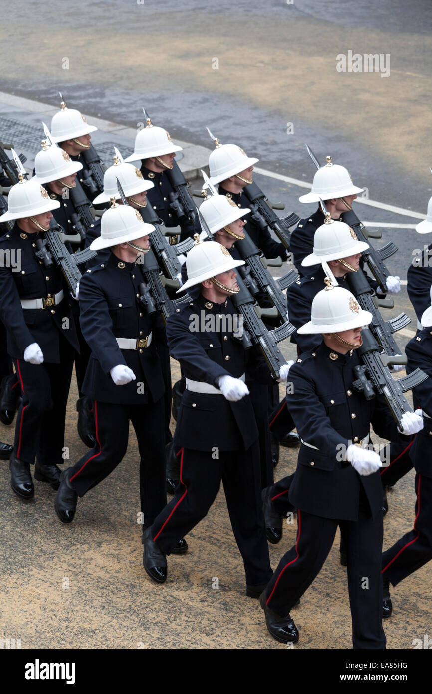 8th November 2014, Lord Mayor's Show, City of London, London, UK. Members of Her Majesty's Royal Marines march past Mansion House during the procession. The Lord Mayor's Show is the oldest civil procession in the world, it celebrates the start of a one-year term for the new Mayor of the City of London. Stock Photo