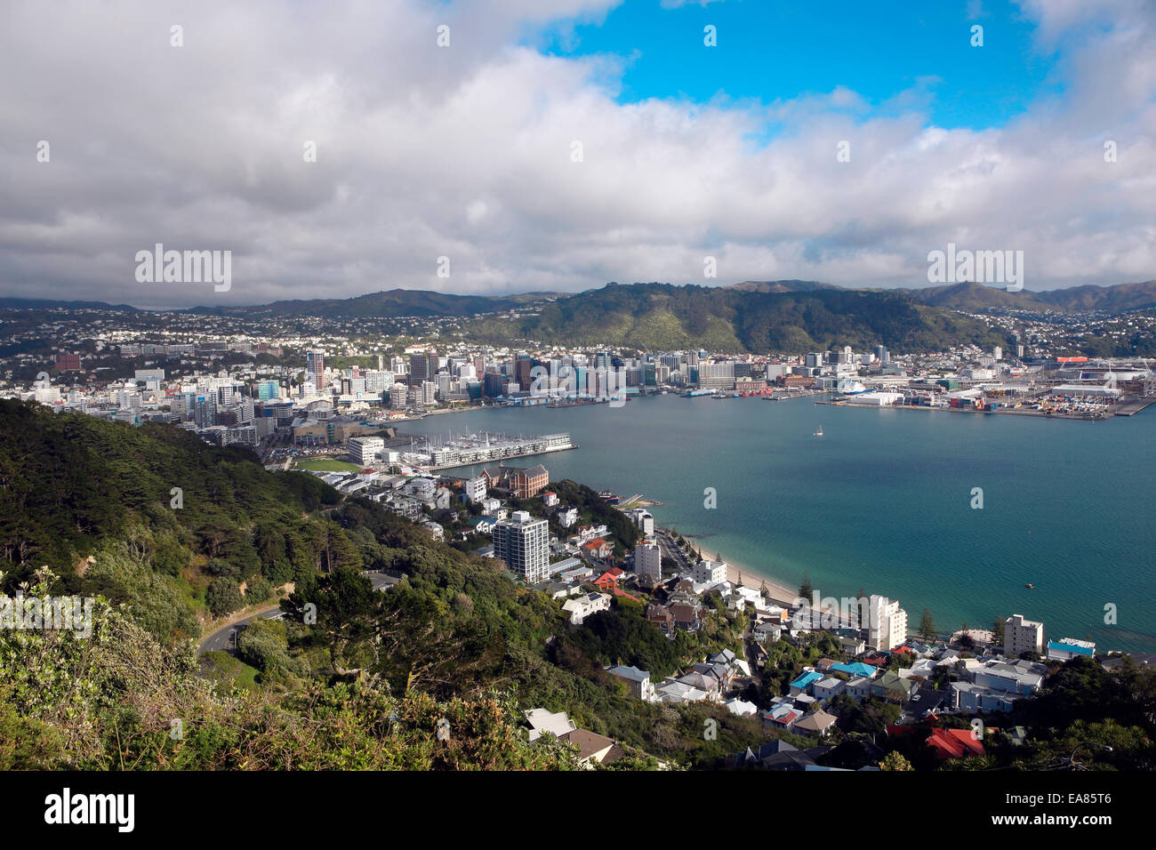 View of Wellington and Lambton Harbour including Oriental Bay Stock Photo