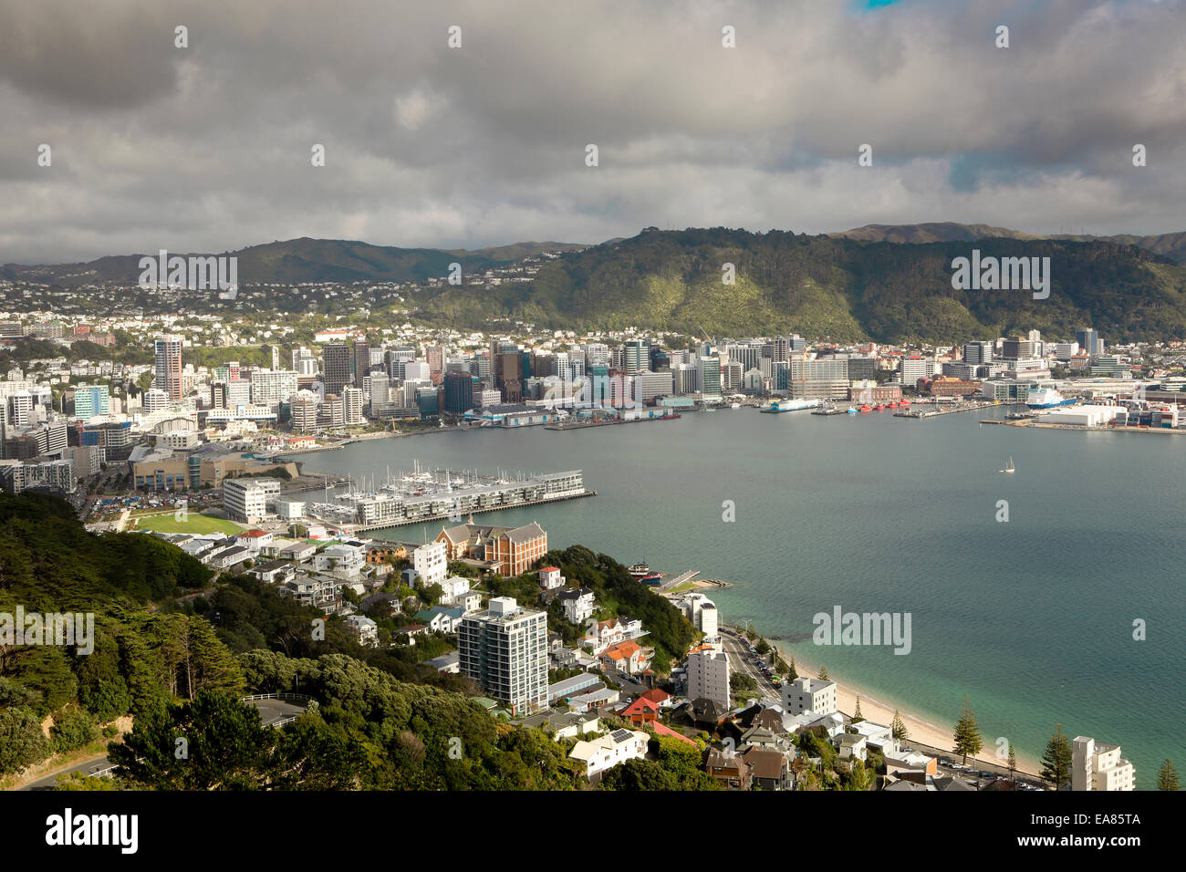 View of Wellington and Lambton Harbour including Oriental Bay Stock Photo