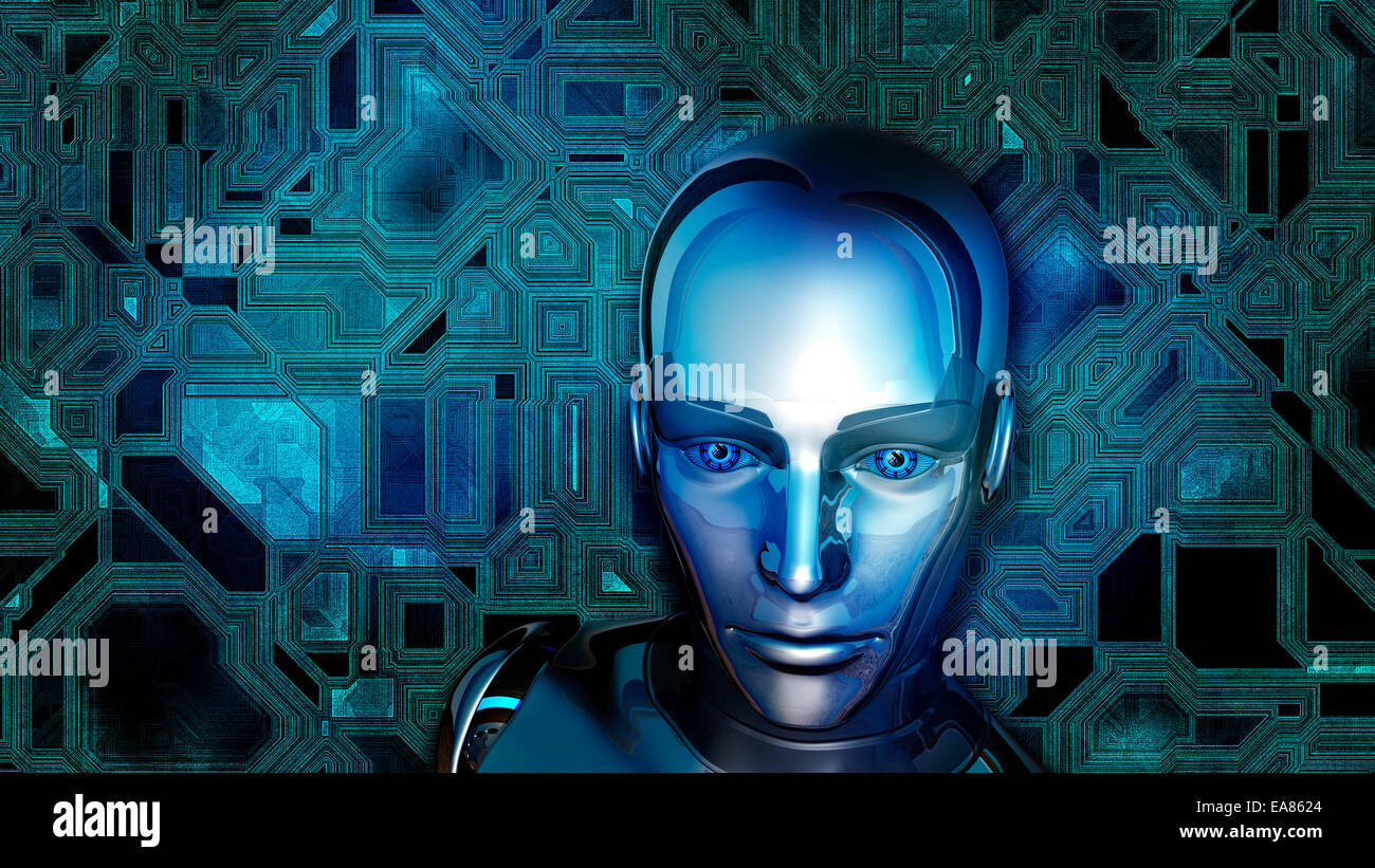 Futuristic female android at digital circuit background Stock Photo - Alamy