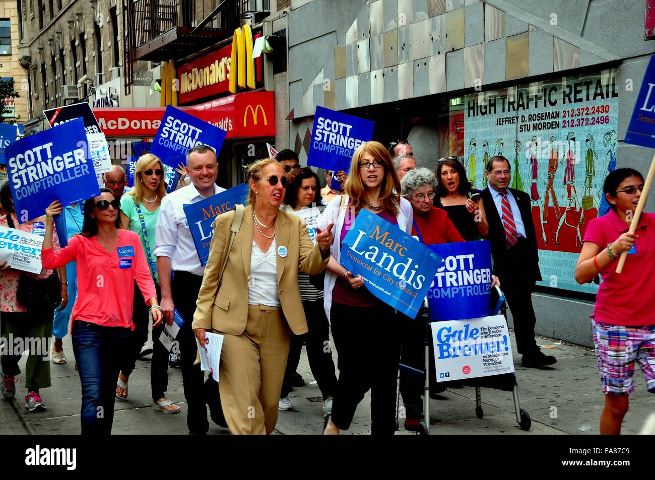 NYC:  Manhattan Boro President Gale Brewer (in beige pantsuit) campaigning with volunteers on Broadway during an afternoon walk Stock Photo