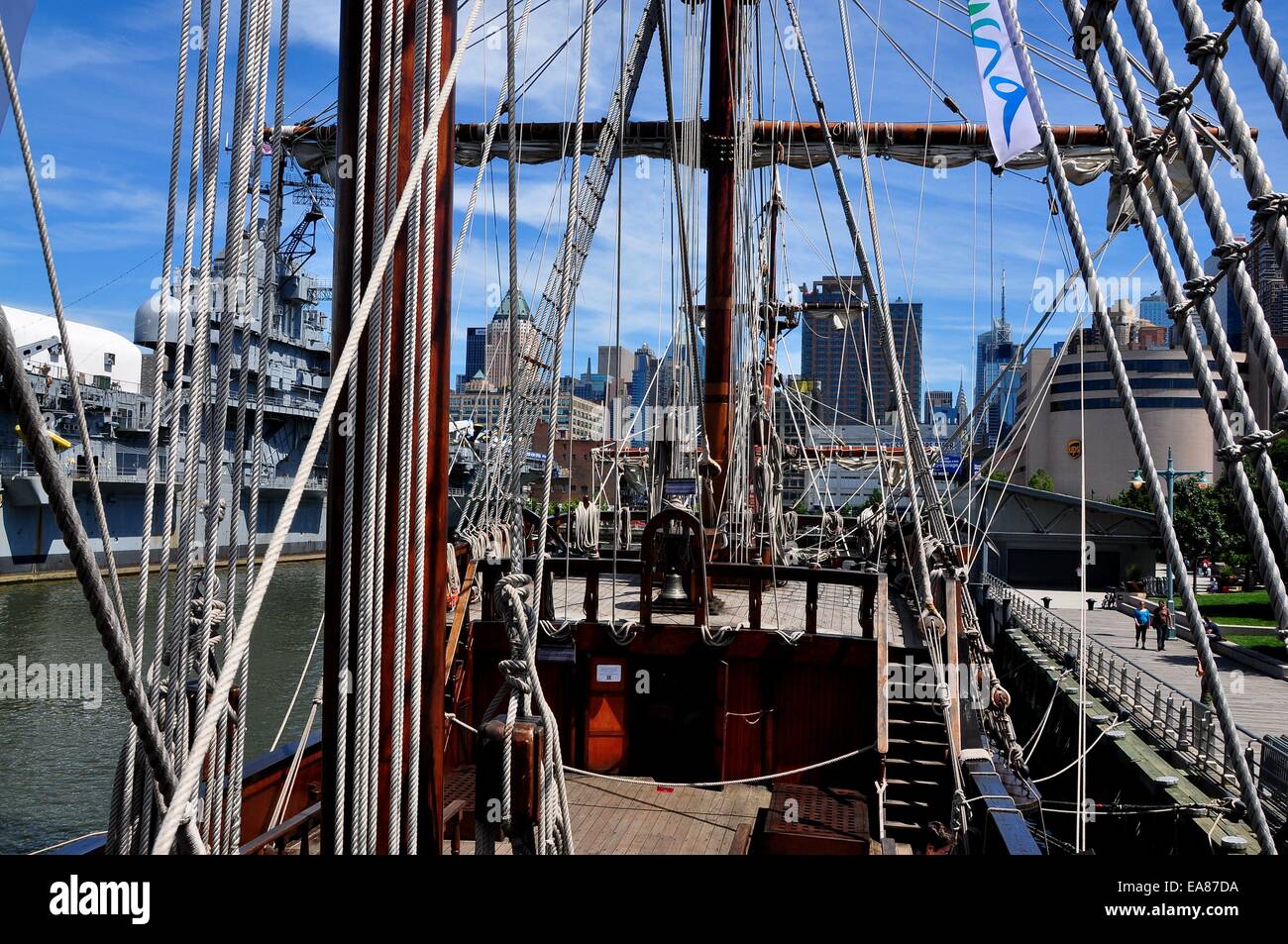 NYC: A maze  of ropes and rigging connects to the masts of the 17th century replica Spanish sailing ship El Galeon at Pier 84 Stock Photo