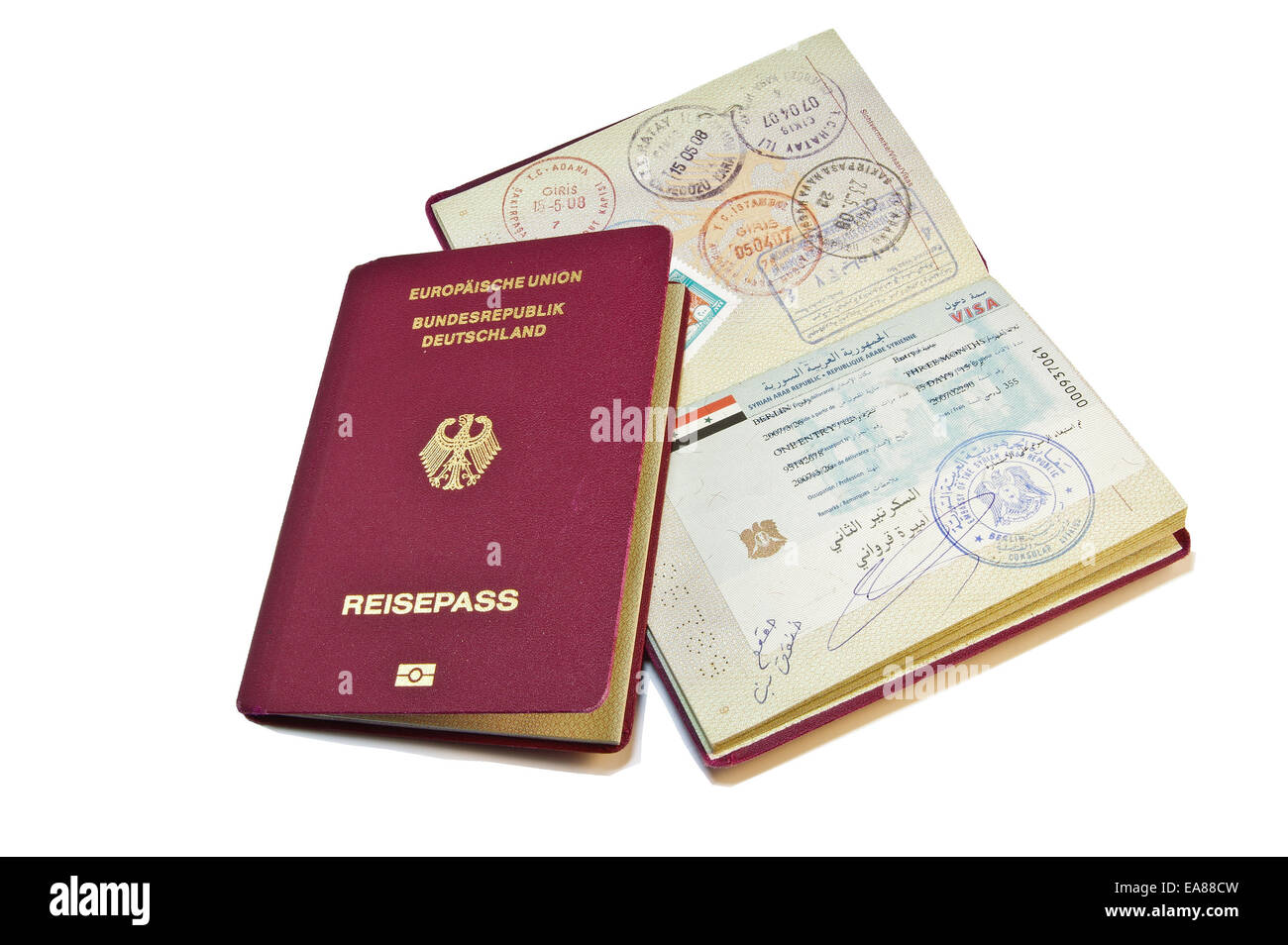 Close-up of a German Passport with an arabic visa Stock Photo
