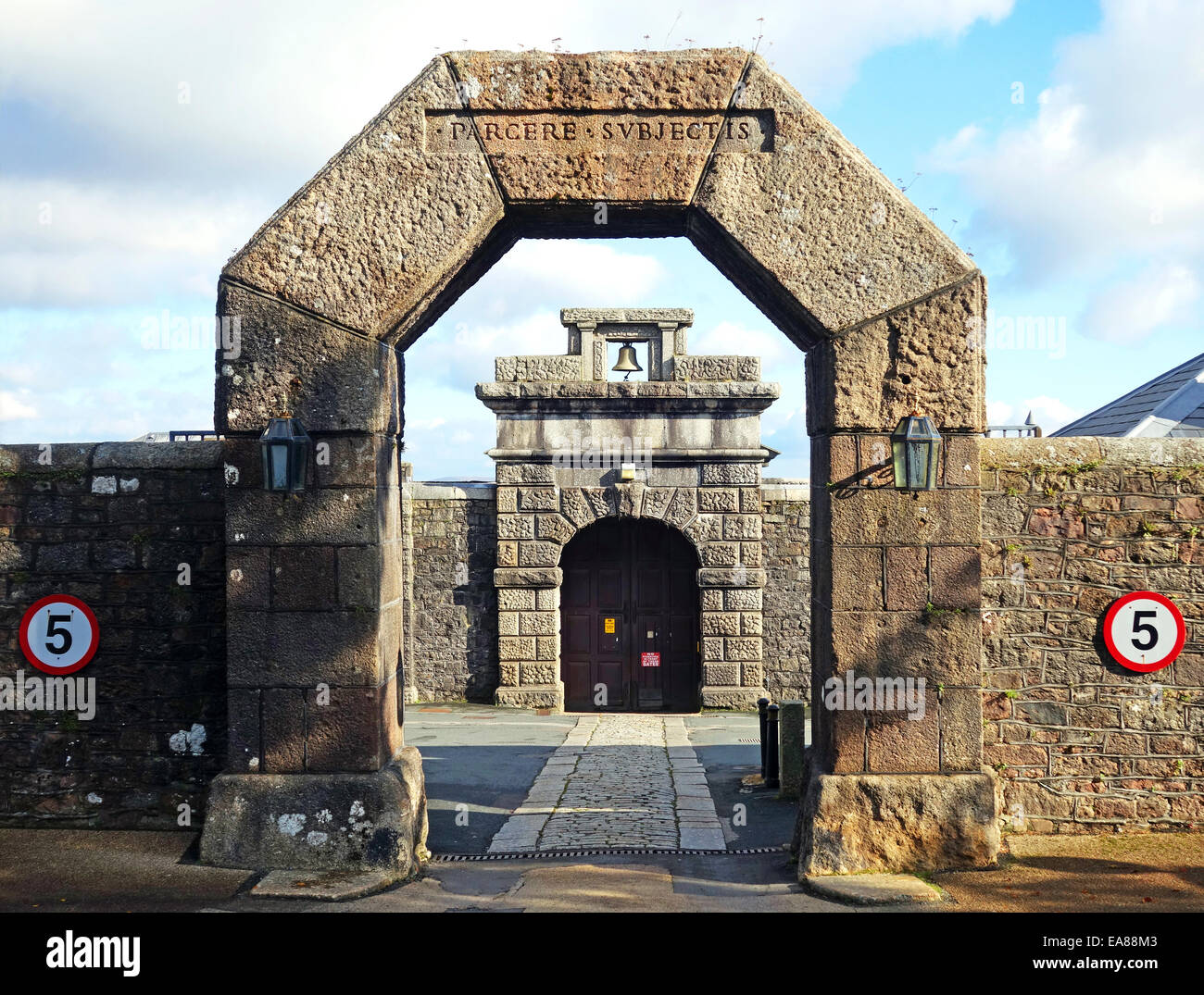 The entrance gates to Dartmoor Prison at Princetown in Devon, UK Stock