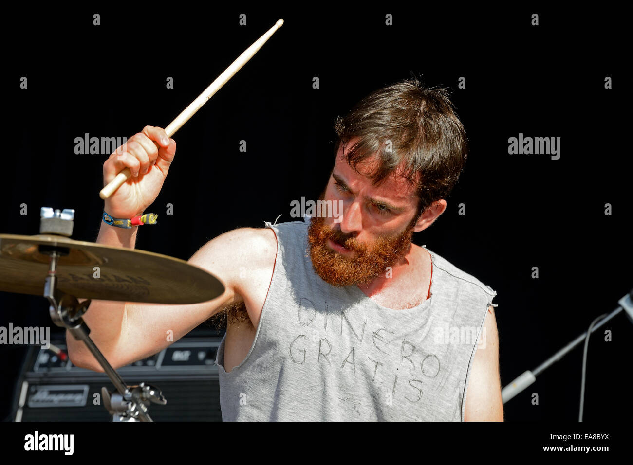 BENICASSIM, SPAIN - JULY 18: Drummer and singer of El Pardo (band) performs at FIB Festival. Stock Photo