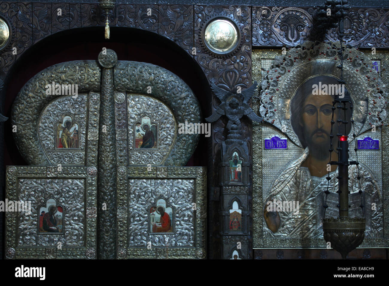 Icon of Jesus Christ and the Holy doors in the iconostasis in the Russian Memorial Church in Leipzig, Saxony, Germany. Stock Photo