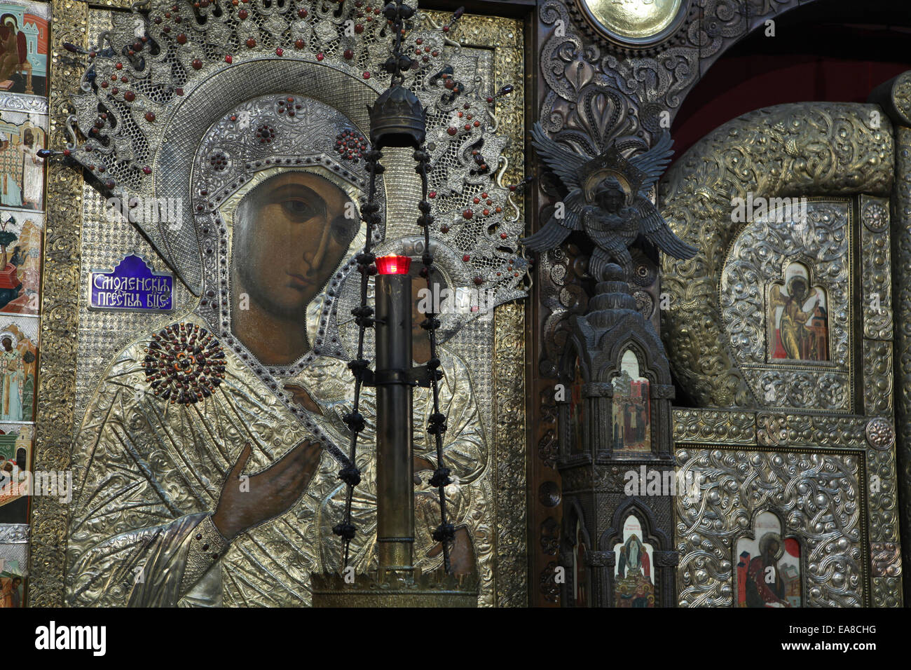 Icon of Our Lady of Smolensk and the Holy doors in the iconostasis in the Russian Memorial Church in Leipzig, Saxony, Germany. Stock Photo