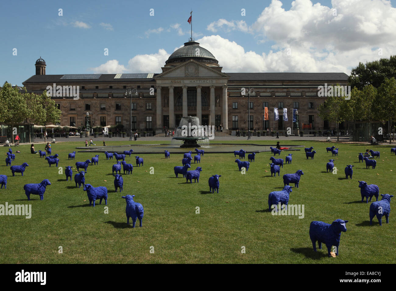The Blue Sheep (Die Blauschäferei) installed at the Bowling Green in front of the Kurhaus in Wiesbaden, Hesse, Germany. Stock Photo